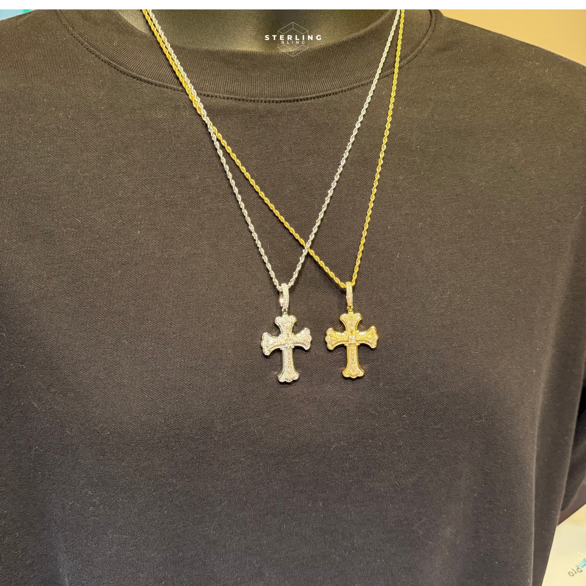 Iced Out Gothic Flared Cross Pendant 14k Gold Plated CZ