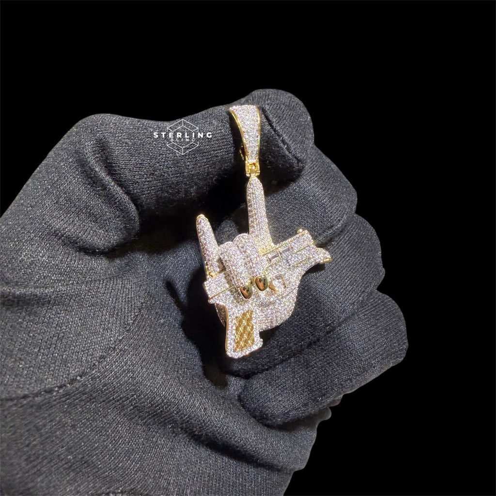 Iced Out Hand Gun Pendant Necklace, Finger Gun Charm, Gold CZ Statement Pendant, Hip Hop Jewelry