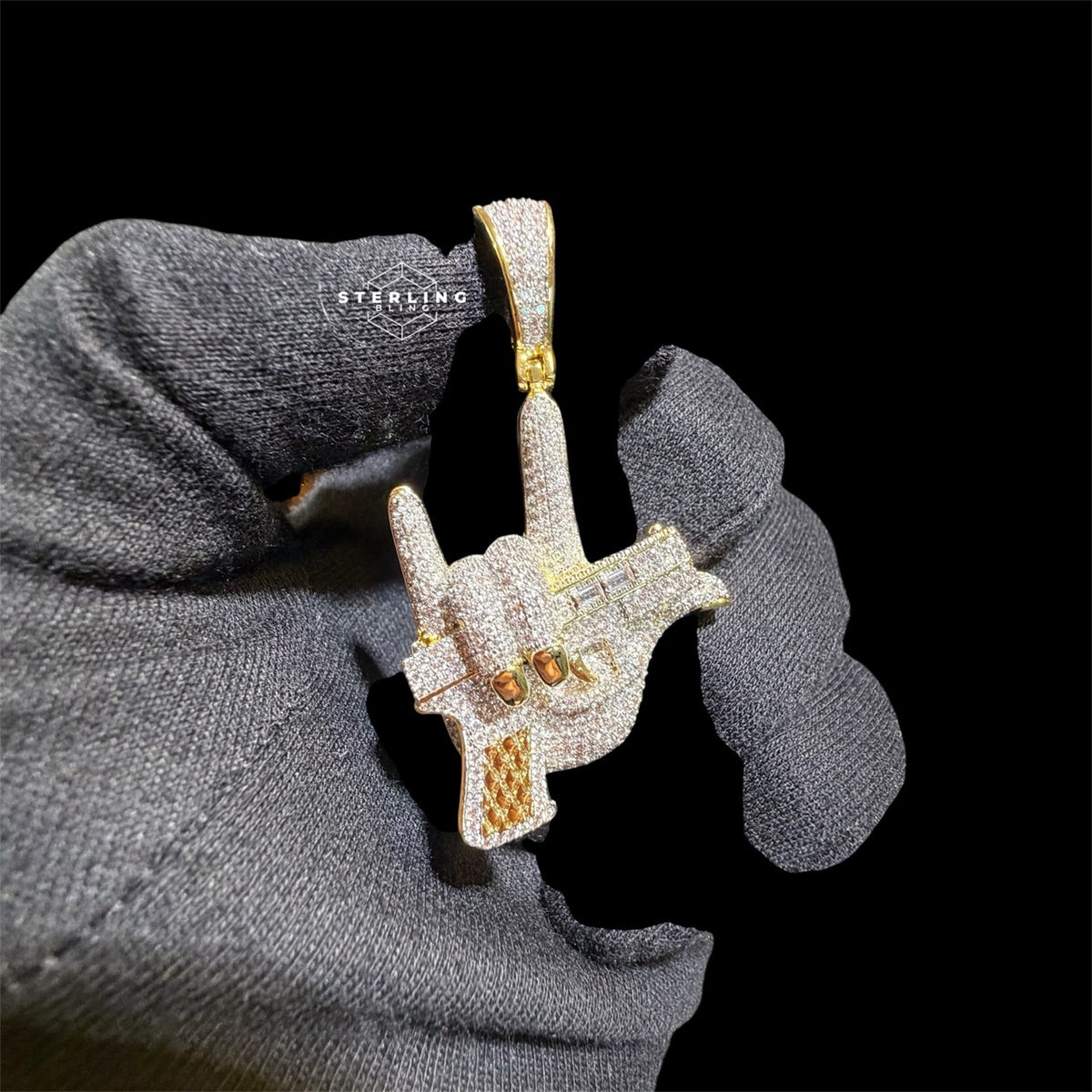 Iced Out Hand Gun Pendant Necklace, Finger Gun Charm, Gold CZ Statement Pendant, Hip Hop Jewelry
