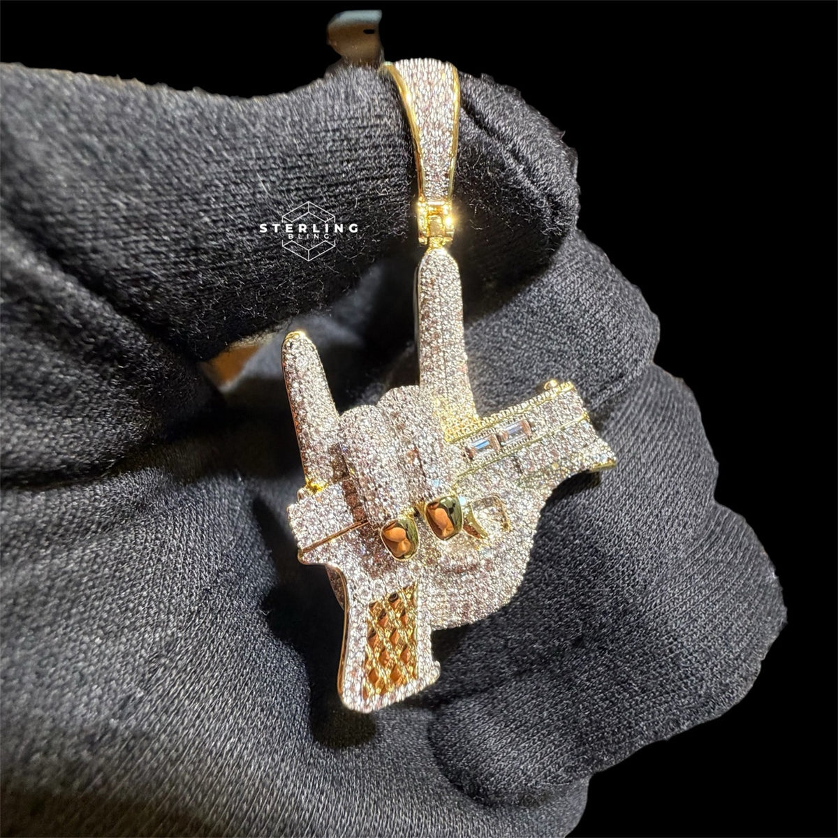 Iced Out Hand Gun Pendant Necklace, Finger Gun Charm, Gold CZ Statement Pendant, Hip Hop Jewelry