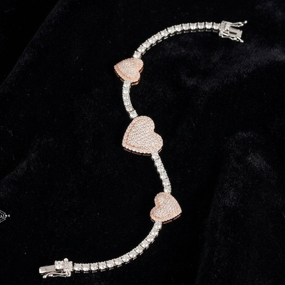 Moissanite Heart Bracelet 925 Sterling Silver Two Tone Rose Gold Iced Out Tennis Link Bracelet for Women 7” Hypoallergenic Diamond Tester Pass Luxury Gift