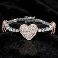 Moissanite Heart Bracelet 925 Sterling Silver Two Tone Rose Gold Iced Out Tennis Link Bracelet for Women 7” Hypoallergenic Diamond Tester Pass Luxury Gift