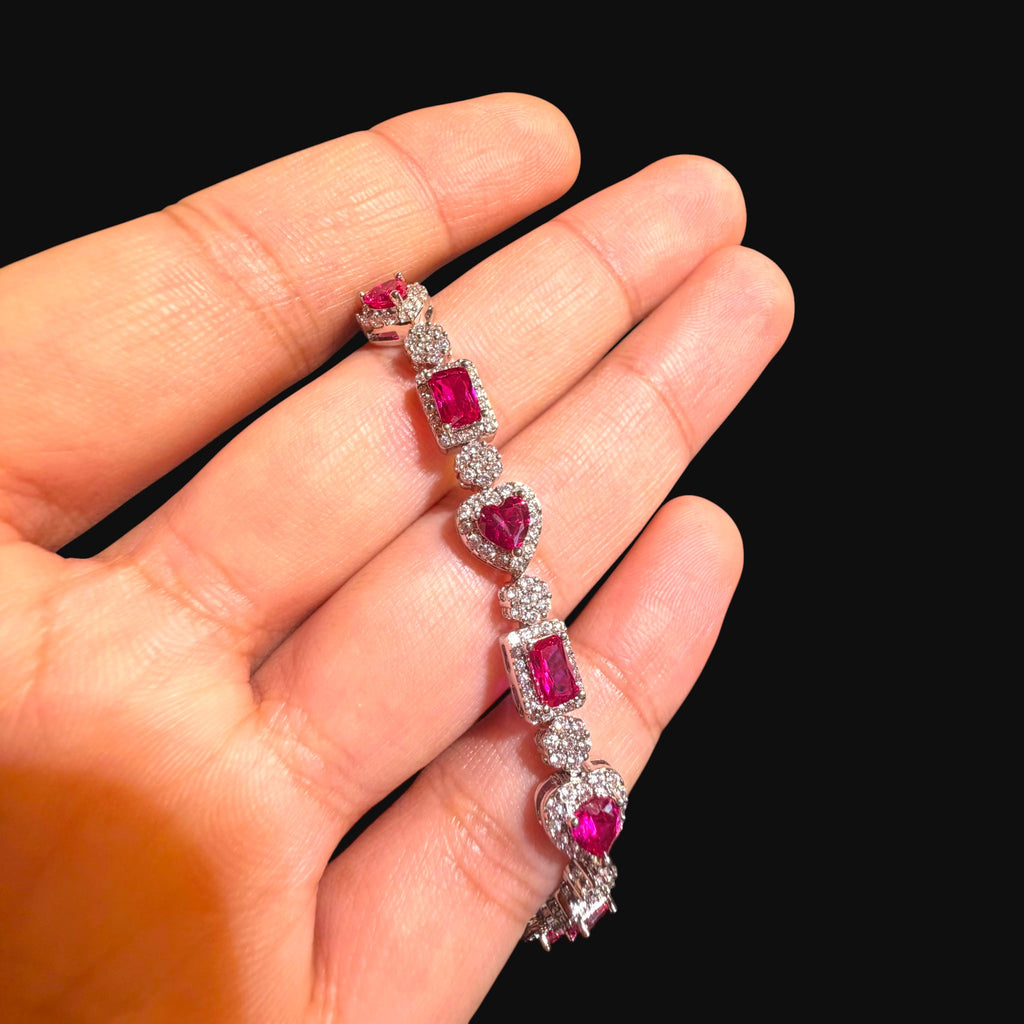 Pink Heart Emerald Bracelet, 14K White Gold Plated Flower Honeycomb CZ Bracelet, 7mm Iced Out Gift