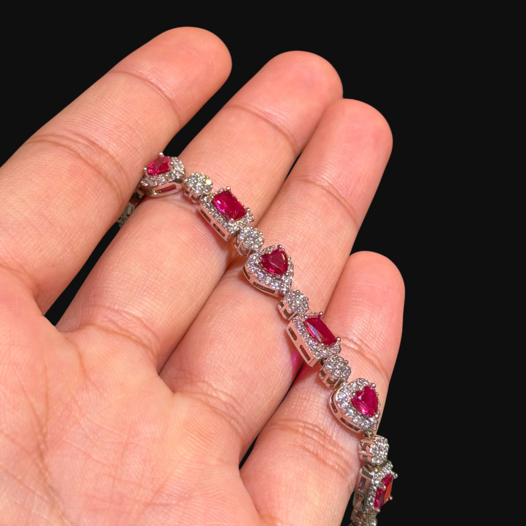 Pink Heart Emerald Bracelet, 14K White Gold Plated Flower Honeycomb CZ Bracelet, 7mm Iced Out Gift