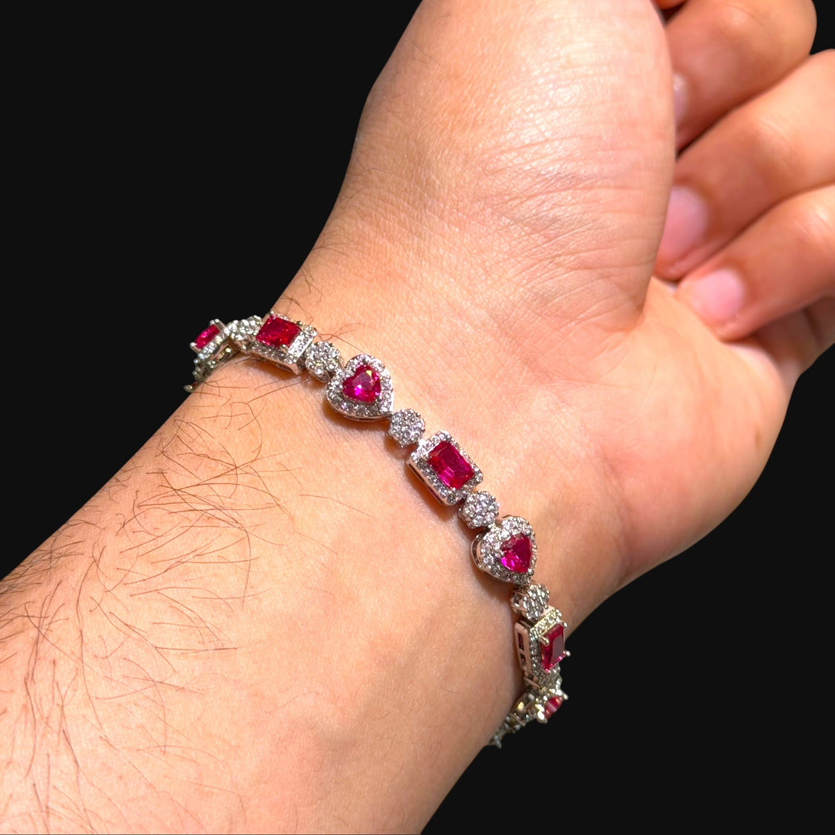 Pink Heart Emerald Bracelet, 14K White Gold Plated Flower Honeycomb CZ Bracelet, 7mm Iced Out Gift