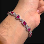 Pink Heart Emerald Bracelet, 14K White Gold Plated Flower Honeycomb CZ Bracelet, 7mm Iced Out Gift