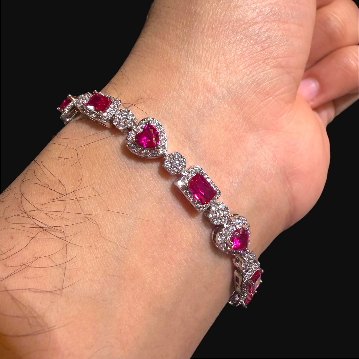 Pink Heart Emerald Bracelet, 14K White Gold Plated Flower Honeycomb CZ Bracelet, 7mm Iced Out Gift