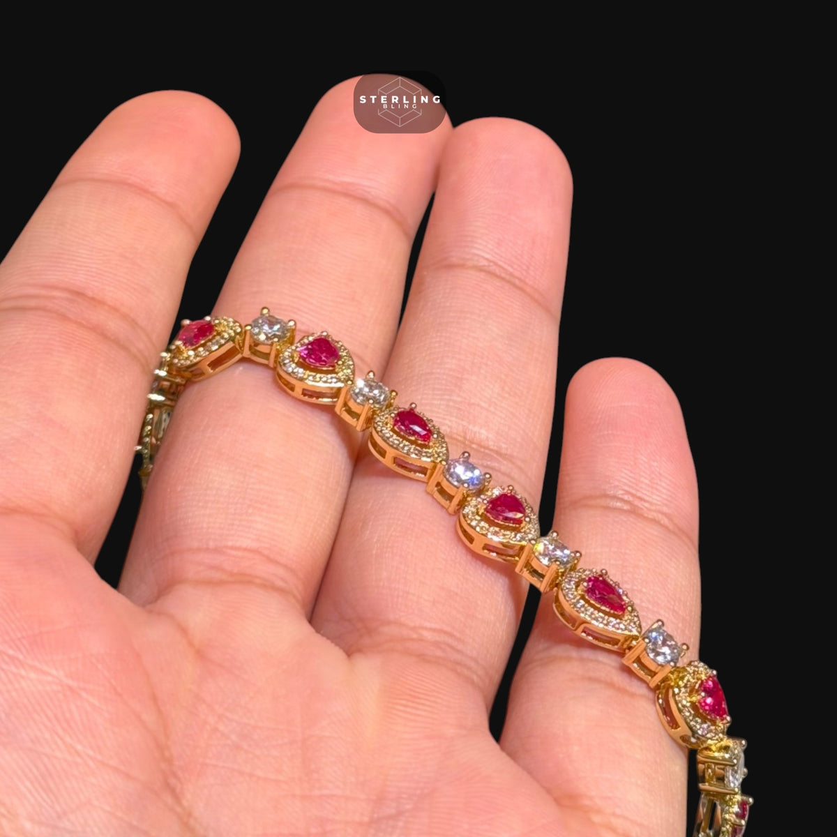 Pink Heart Tennis Bracelet, Gold Iced Out Diamond Bracelet, Pink Solitaire Heart Jewelry, Gift for Her