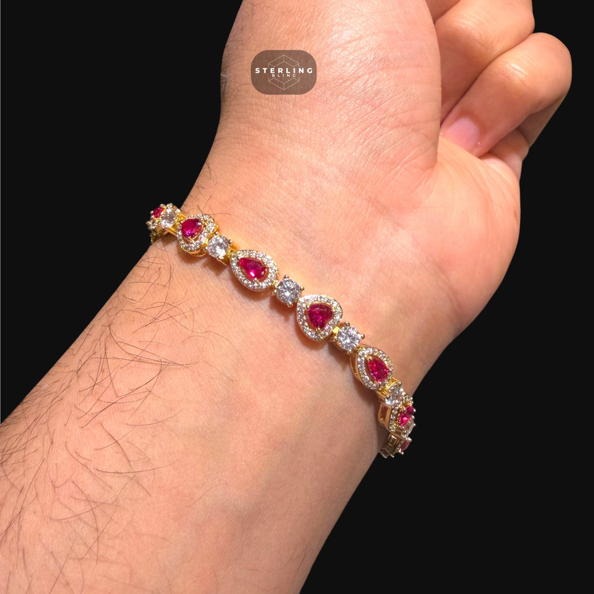 Pink Heart Tennis Bracelet, Gold Iced Out Diamond Bracelet, Pink Solitaire Heart Jewelry, Gift for Her