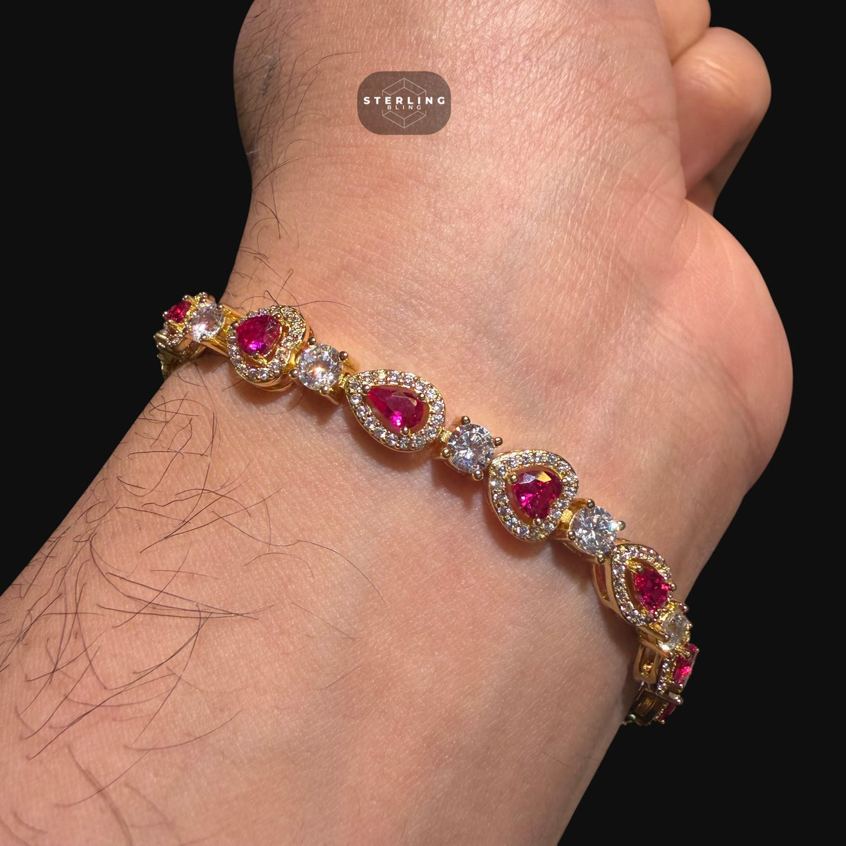 Pink Heart Tennis Bracelet, Gold Iced Out Diamond Bracelet, Pink Solitaire Heart Jewelry, Gift for Her