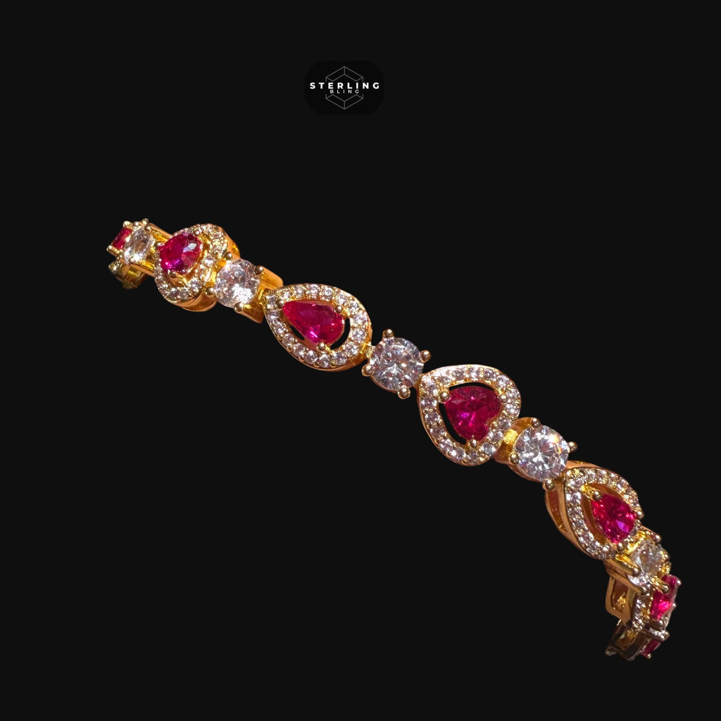 Pink Heart Tennis Bracelet, Gold Iced Out Diamond Bracelet, Pink Solitaire Heart Jewelry, Gift for Her