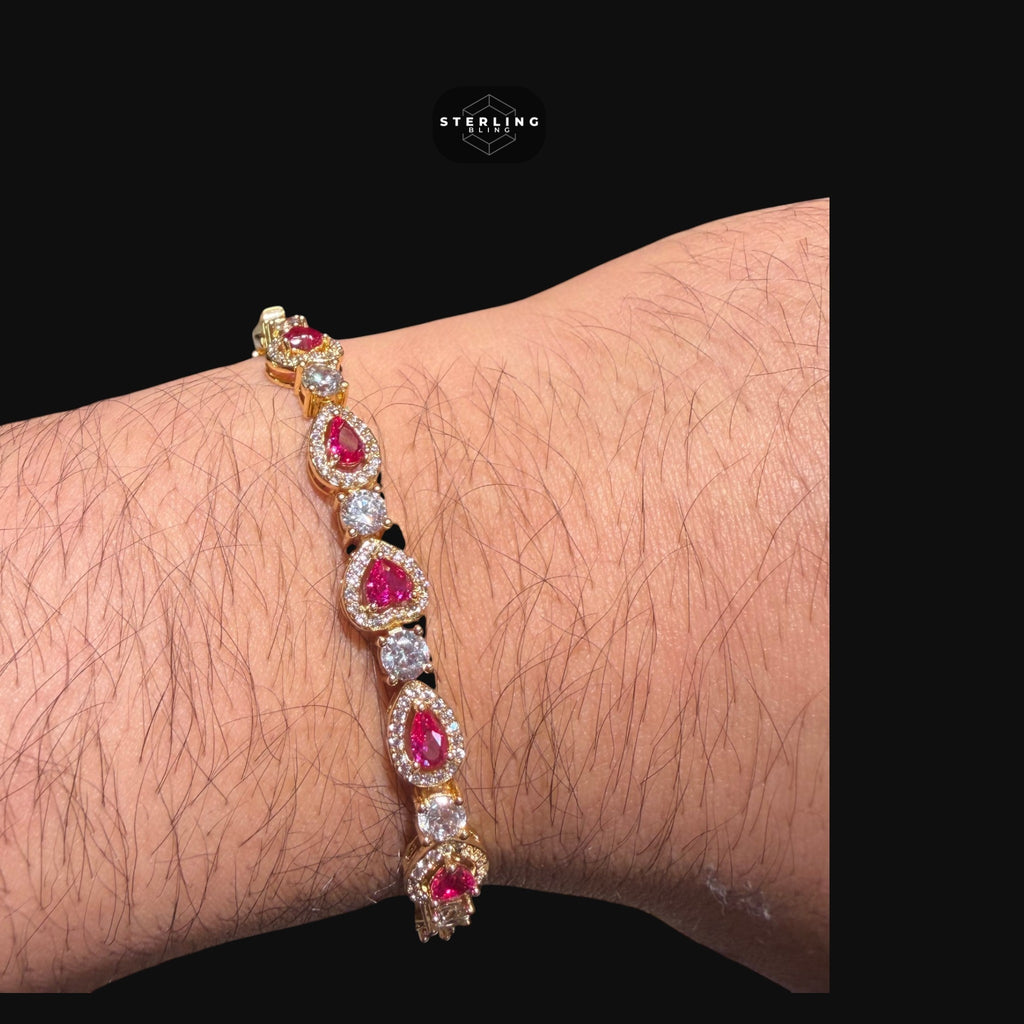 Pink Heart Tennis Bracelet, Gold Iced Out Diamond Bracelet, Pink Solitaire Heart Jewelry, Gift for Her