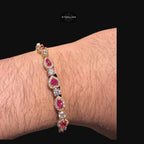 Pink Heart Tennis Bracelet, Gold Iced Out Diamond Bracelet, Pink Solitaire Heart Jewelry, Gift for Her