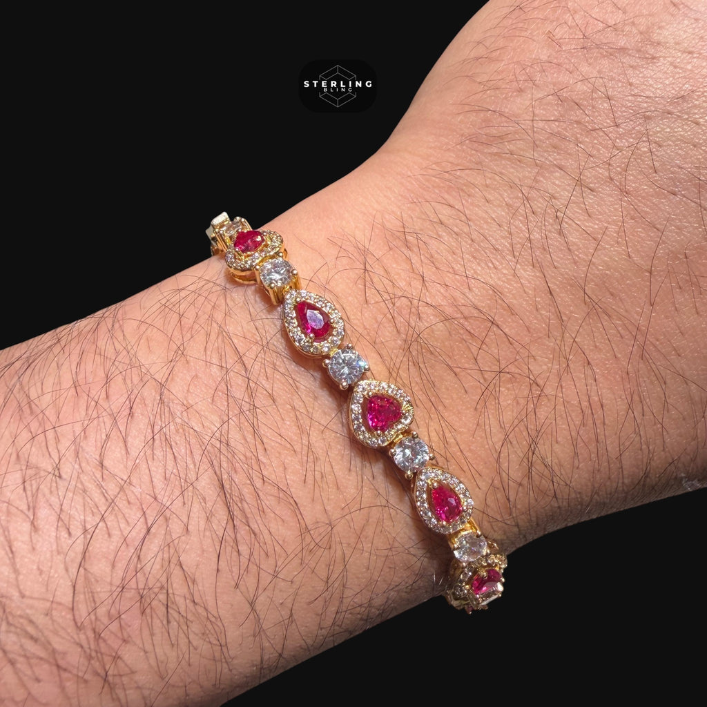 Pink Heart Tennis Bracelet, Gold Iced Out Diamond Bracelet, Pink Solitaire Heart Jewelry, Gift for Her