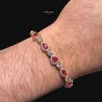 Pink Heart Tennis Bracelet, Gold Iced Out Diamond Bracelet, Pink Solitaire Heart Jewelry, Gift for Her