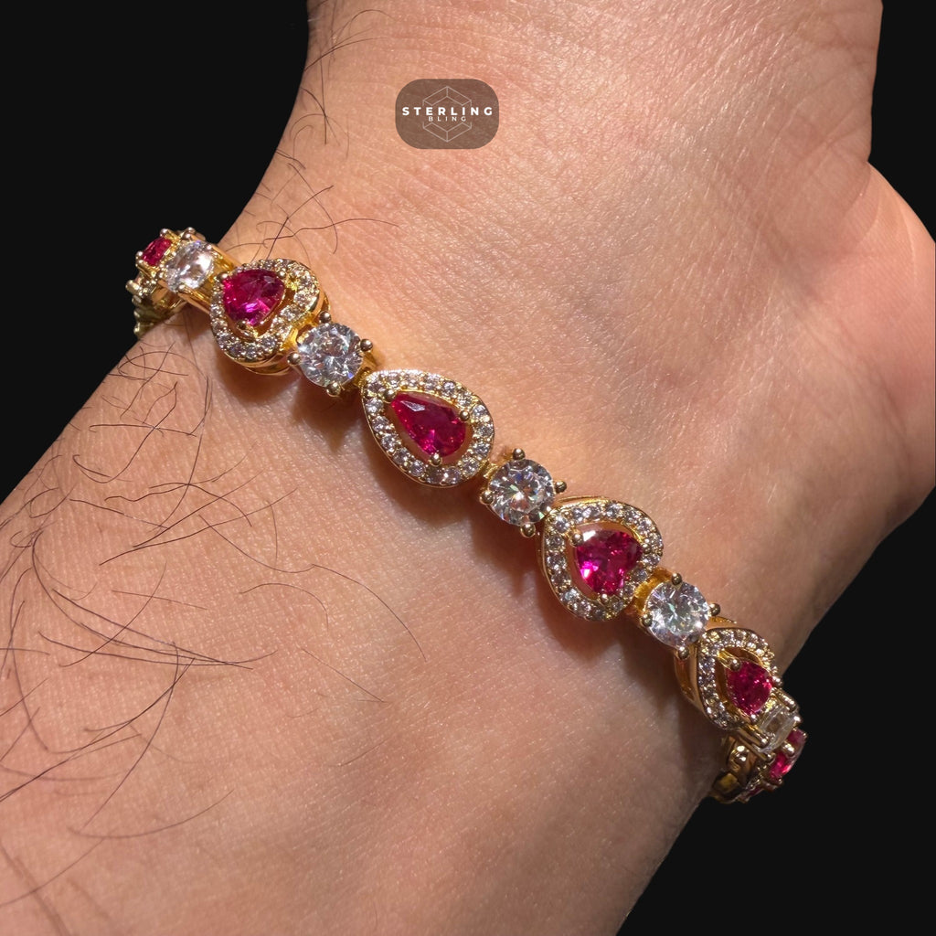 Pink Heart Tennis Bracelet, Gold Iced Out Diamond Bracelet, Pink Solitaire Heart Jewelry, Gift for Her