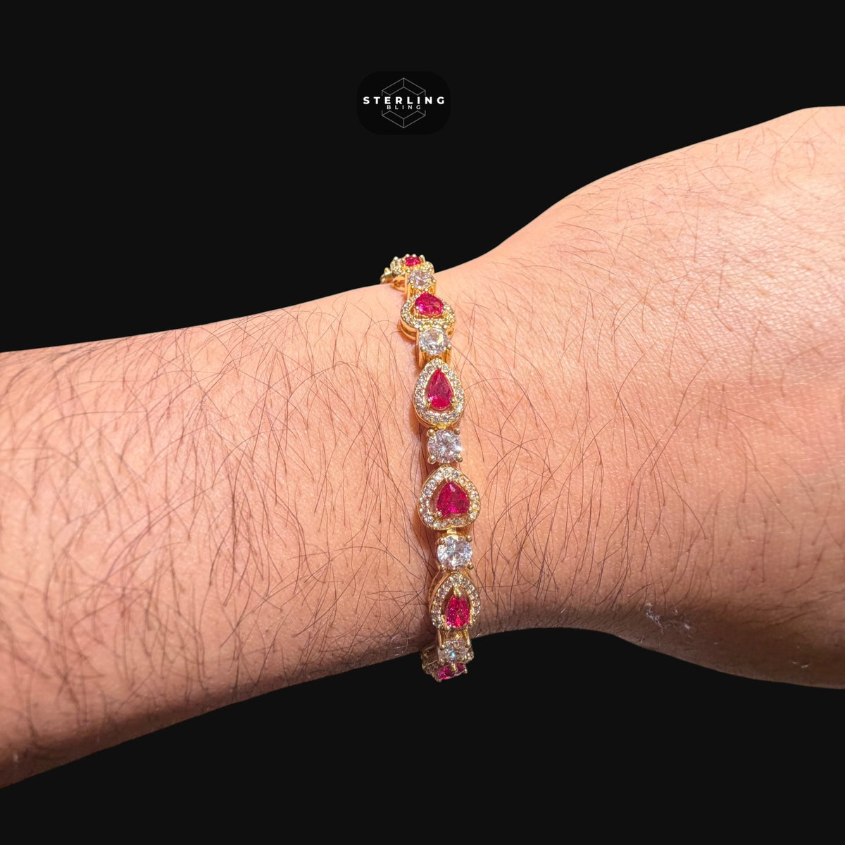 Pink Heart Tennis Bracelet, Gold Iced Out Diamond Bracelet, Pink Solitaire Heart Jewelry, Gift for Her