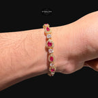 Pink Heart Tennis Bracelet, Gold Iced Out Diamond Bracelet, Pink Solitaire Heart Jewelry, Gift for Her