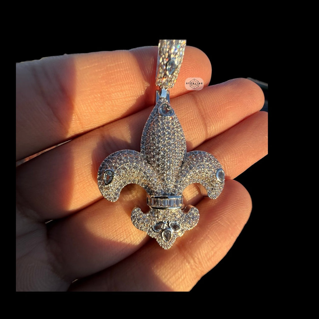 Fleur De Lis 14K White Gold Plated Iced Out Pendant
