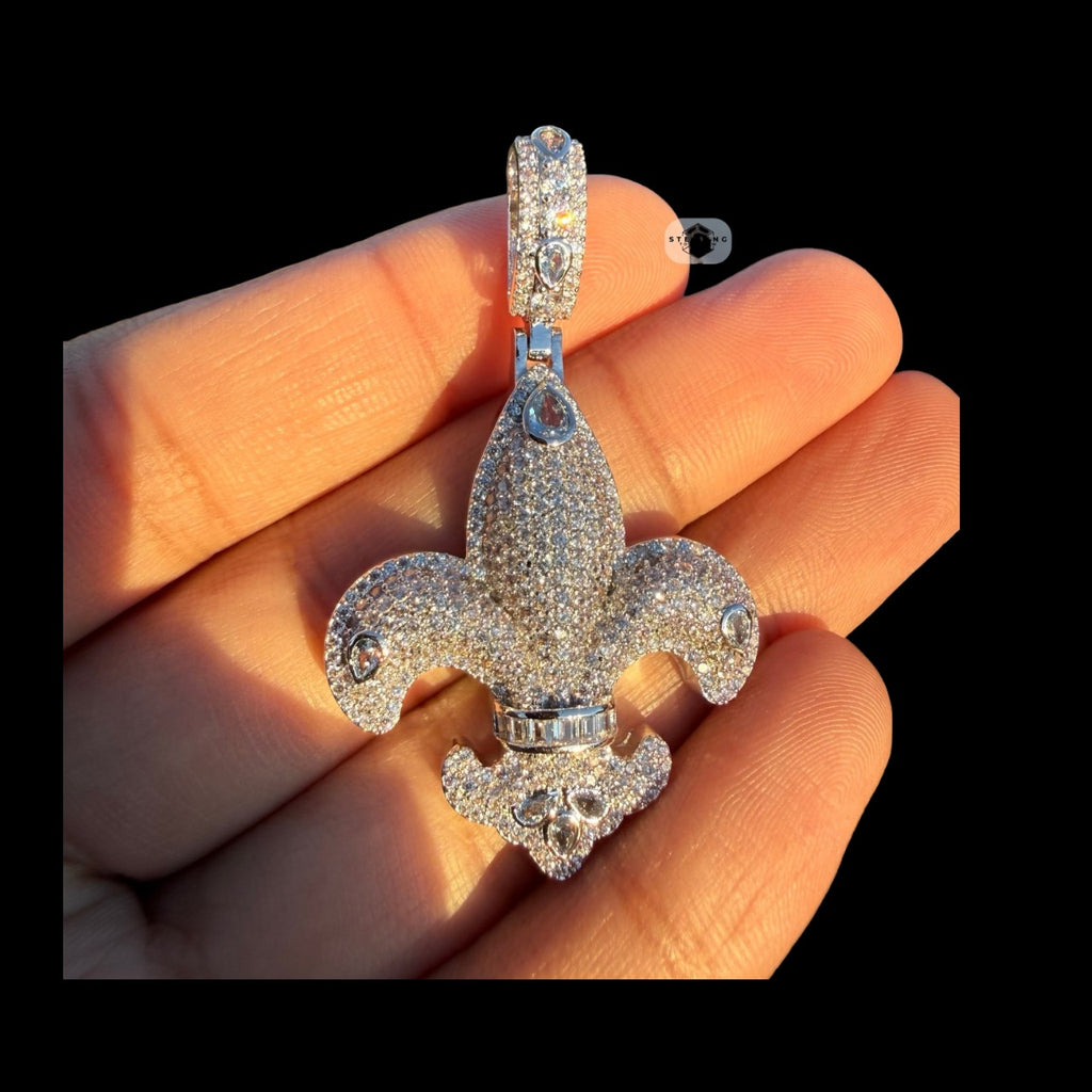 Fleur De Lis 14K White Gold Plated Iced Out Pendant