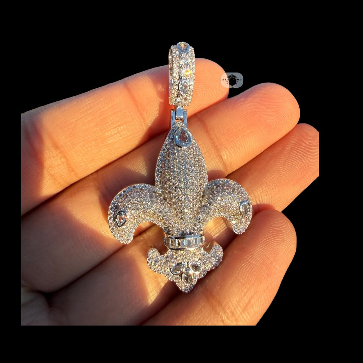 Fleur De Lis 14K White Gold Plated Iced Out Pendant