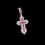 Pink Iced Out Cross Pendant | 14K White Gold Plated Pink CZ Christian Cross Necklace Hip Hop Pendant with Free Rope Chain