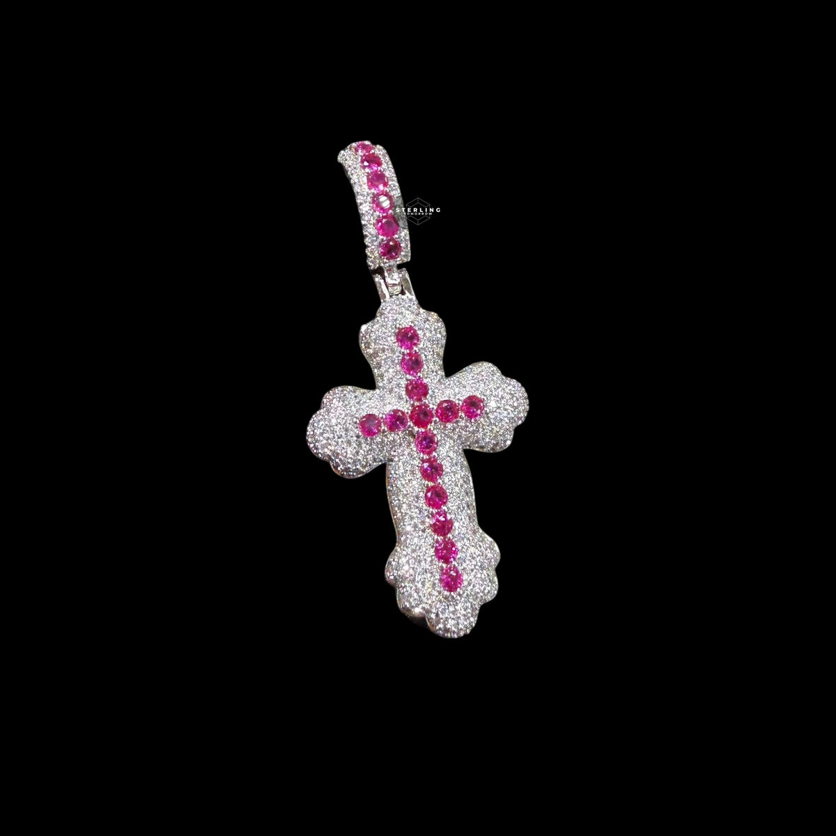 Pink Iced Out Cross Pendant | 14K White Gold Plated Pink CZ Christian Cross Necklace Hip Hop Pendant with Free Rope Chain