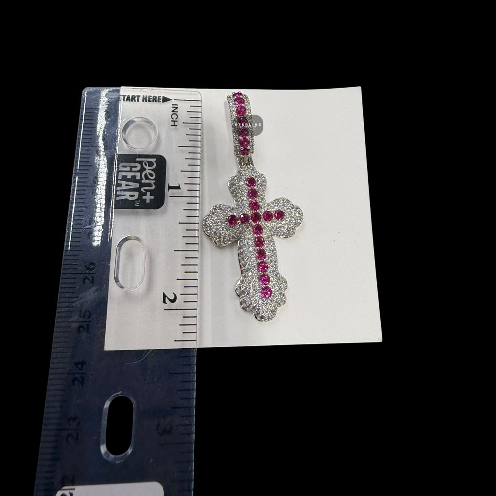 Pink Iced Out Cross Pendant | 14K White Gold Plated Pink CZ Christian Cross Necklace Hip Hop Pendant with Free Rope Chain