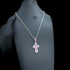 Pink Iced Out Cross Pendant | 14K White Gold Plated Pink CZ Christian Cross Necklace Hip Hop Pendant with Free Rope Chain