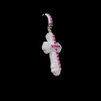 Pink Iced Out Cross Pendant | 14K White Gold Plated Pink CZ Christian Cross Necklace Hip Hop Pendant with Free Rope Chain