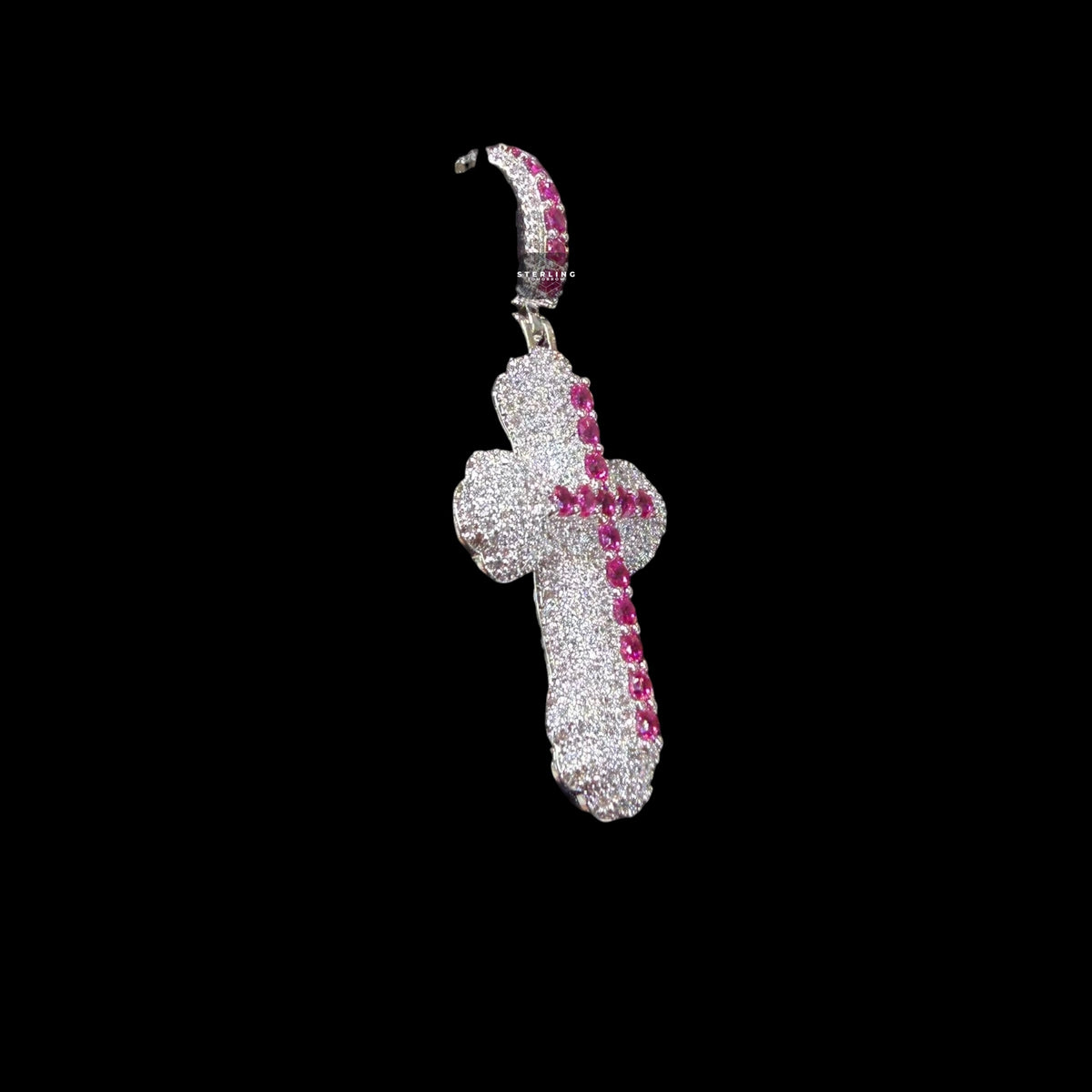 Pink Iced Out Cross Pendant | 14K White Gold Plated Pink CZ Christian Cross Necklace Hip Hop Pendant with Free Rope Chain