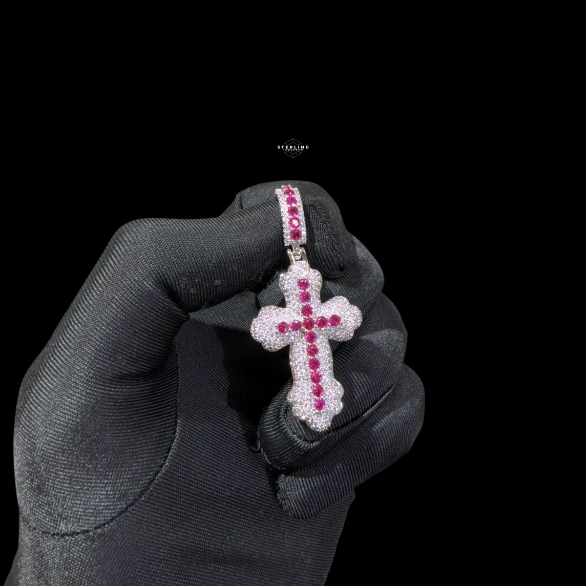 Pink Iced Out Cross Pendant | 14K White Gold Plated Pink CZ Christian Cross Necklace Hip Hop Pendant with Free Rope Chain
