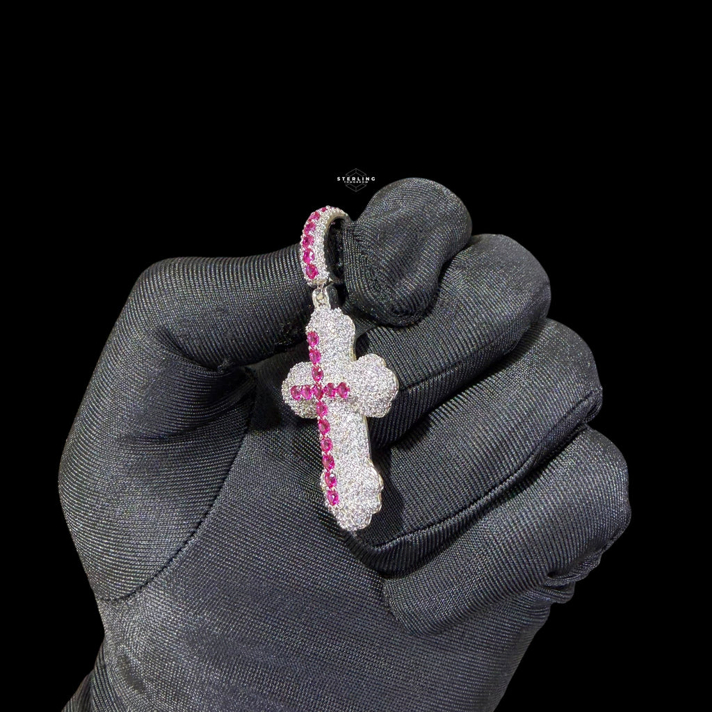 Pink Iced Out Cross Pendant | 14K White Gold Plated Pink CZ Christian Cross Necklace Hip Hop Pendant with Free Rope Chain