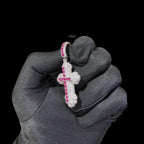 Pink Iced Out Cross Pendant | 14K White Gold Plated Pink CZ Christian Cross Necklace Hip Hop Pendant with Free Rope Chain
