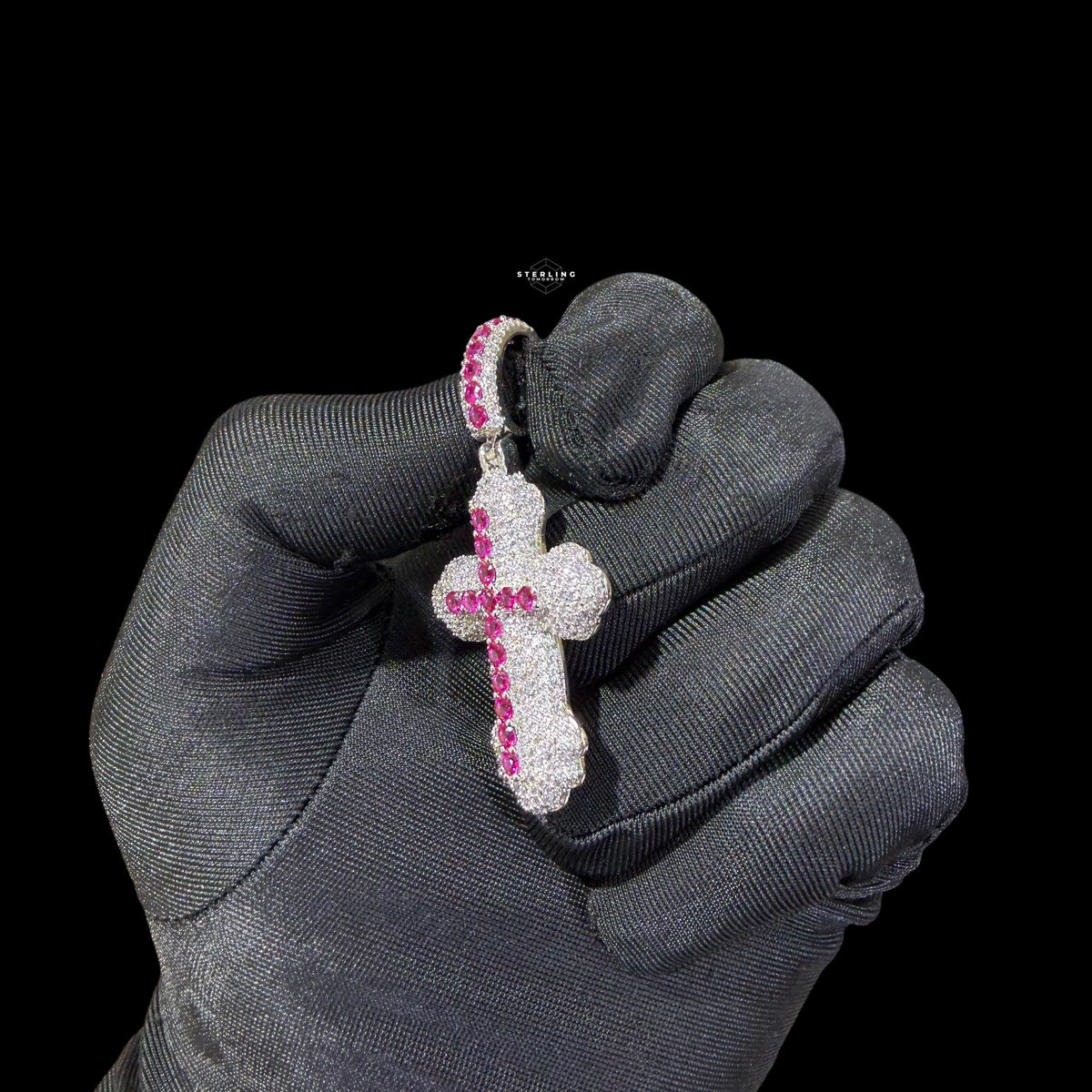Pink Iced Out Cross Pendant | 14K White Gold Plated Pink CZ Christian Cross Necklace Hip Hop Pendant with Free Rope Chain