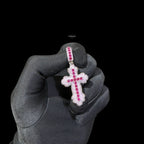 Pink Iced Out Cross Pendant | 14K White Gold Plated Pink CZ Christian Cross Necklace Hip Hop Pendant with Free Rope Chain