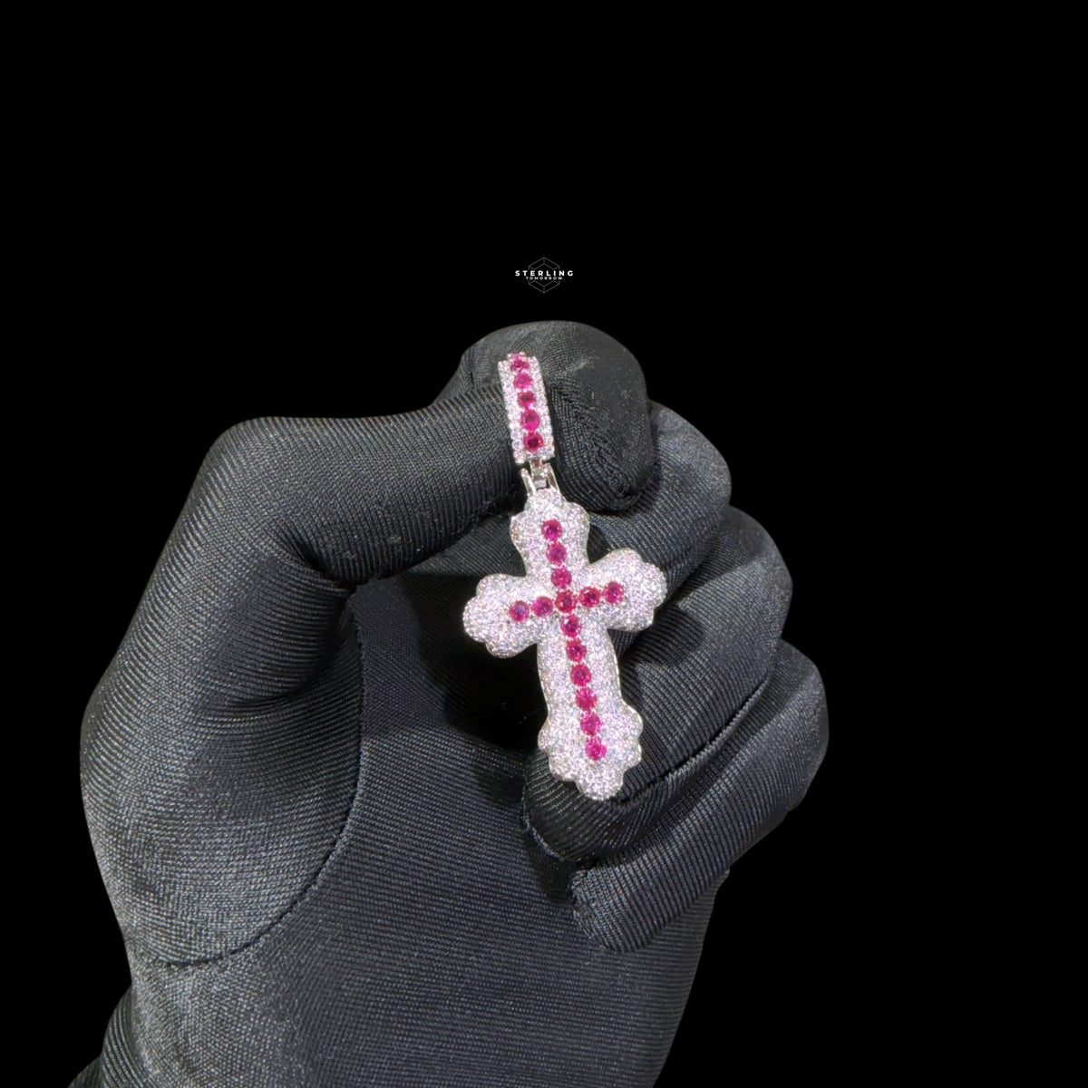 Pink Iced Out Cross Pendant | 14K White Gold Plated Pink CZ Christian Cross Necklace Hip Hop Pendant with Free Rope Chain