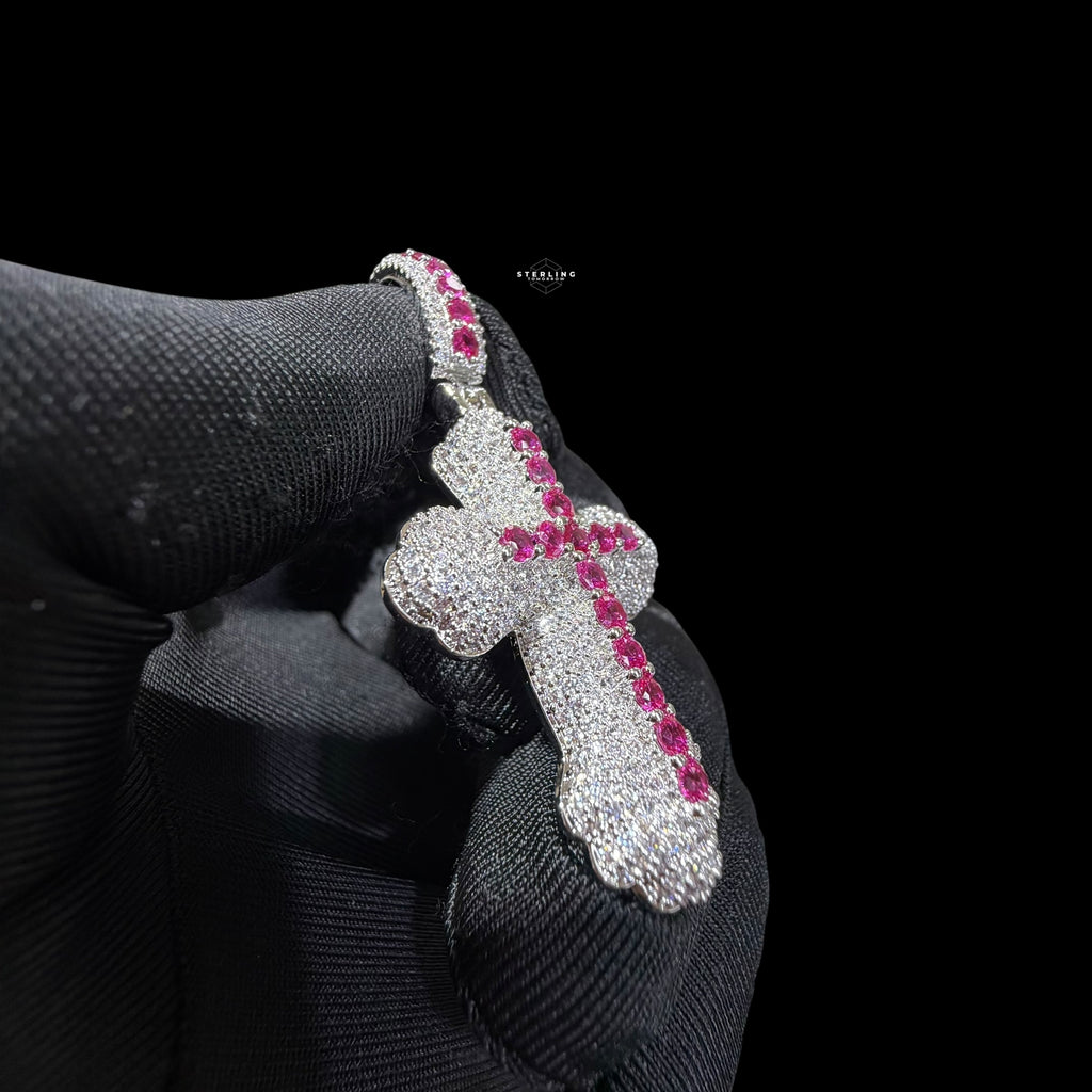 Pink Iced Out Cross Pendant | 14K White Gold Plated Pink CZ Christian Cross Necklace Hip Hop Pendant with Free Rope Chain