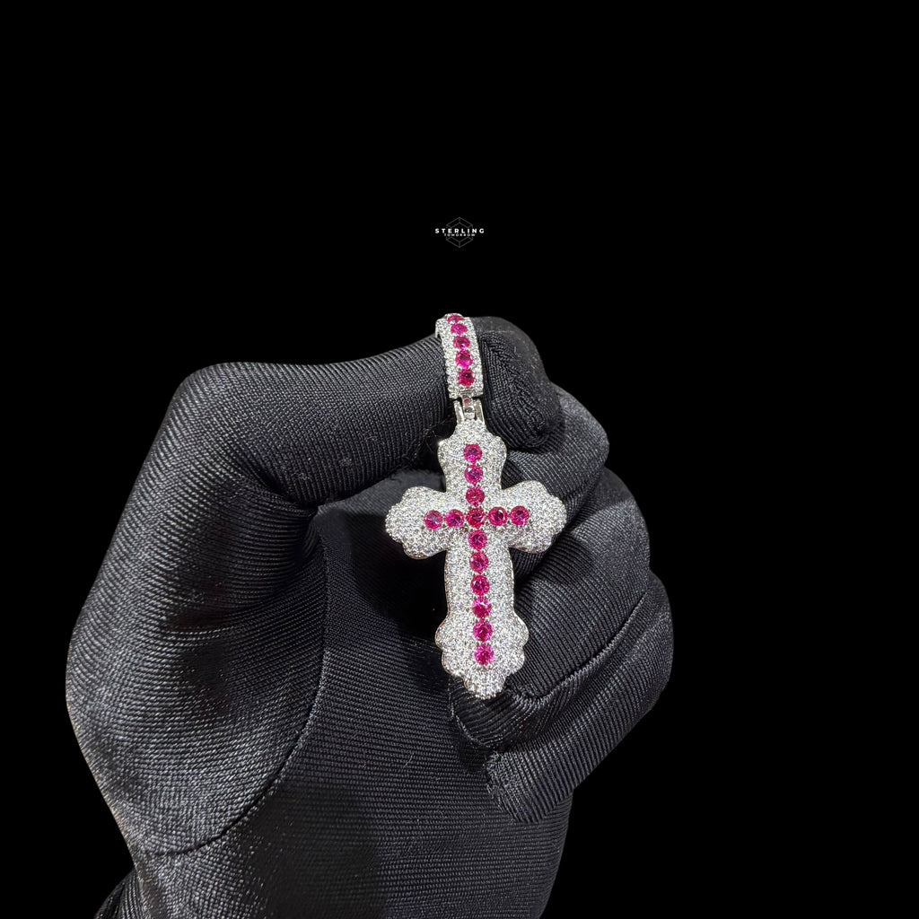 Pink Iced Out Cross Pendant | 14K White Gold Plated Pink CZ Christian Cross Necklace Hip Hop Pendant with Free Rope Chain