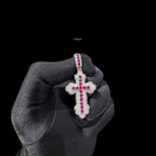 Pink Iced Out Cross Pendant | 14K White Gold Plated Pink CZ Christian Cross Necklace Hip Hop Pendant with Free Rope Chain