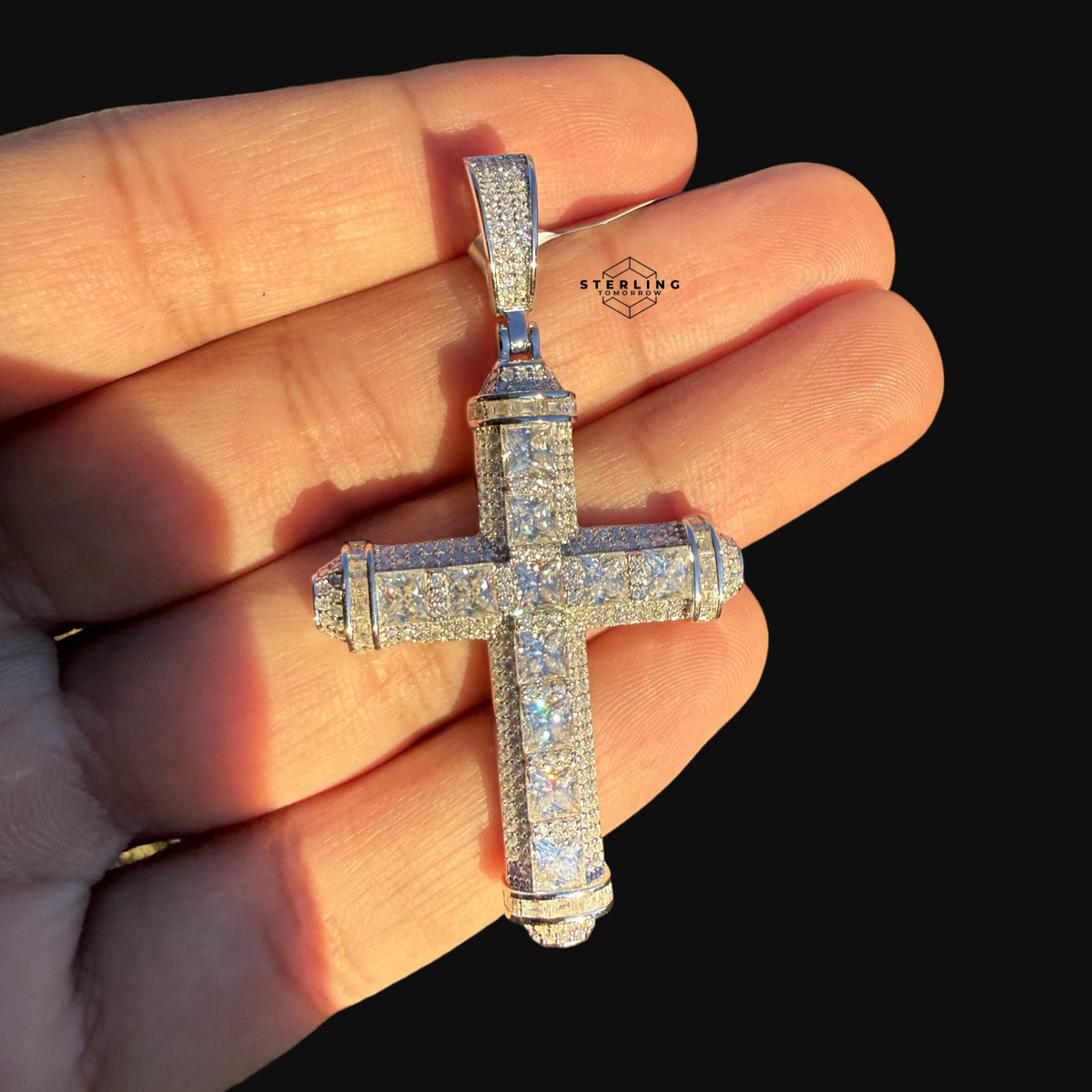 Moissanite Princess Cut Cross Pendant, 925 Silver Iced Out Hip Hop Necklace, GRA Certified w 24" Chain