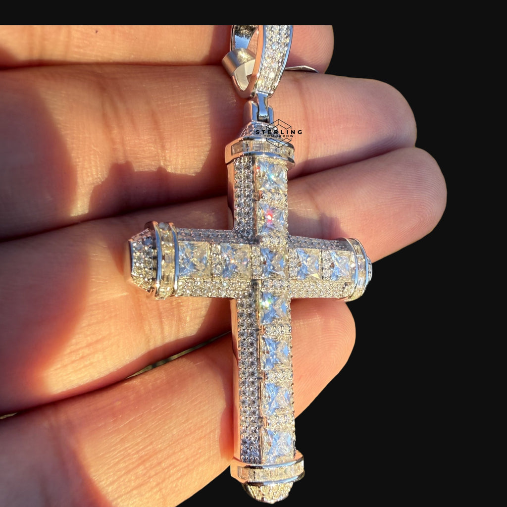 Moissanite Princess Cut Cross Pendant, 925 Silver Iced Out Hip Hop Necklace, GRA Certified w 24" Chain