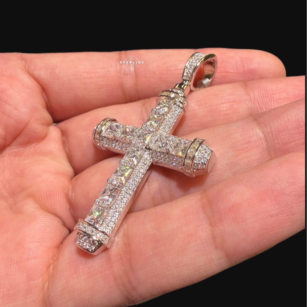 Moissanite Princess Cut Cross Pendant, 925 Silver Iced Out Hip Hop Necklace, GRA Certified w 24" Chain