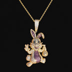 Iced Out Easter Bunny Pendant | Purple CZ Rabbit Hip Hop Necklace | Gold Tone Cartoon Animal Charm with Free Rope Chain