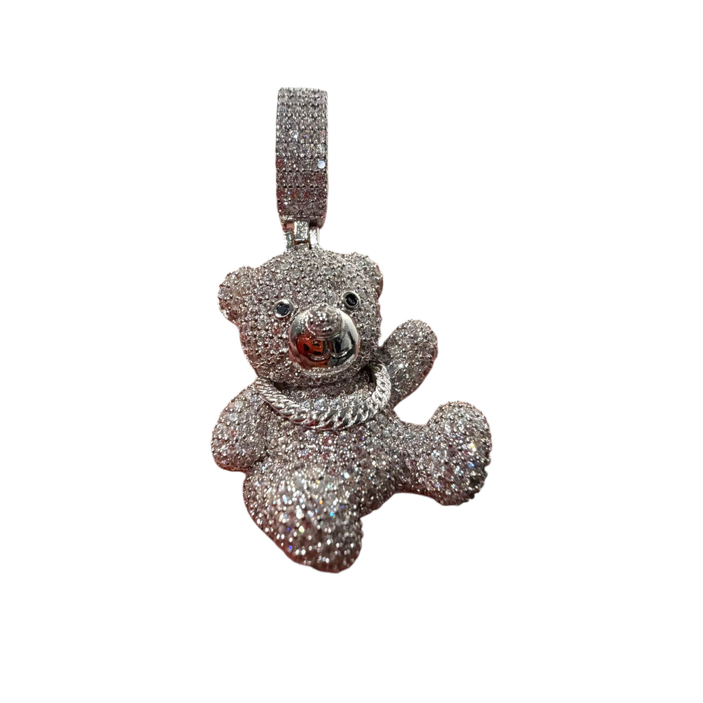 Iced Out Teddy Bear Pendant, Solid 925 Sterling Silver VVS CZ Diamond Necklace, Hip Hop Jewelry, 22 Inch Rope Chain