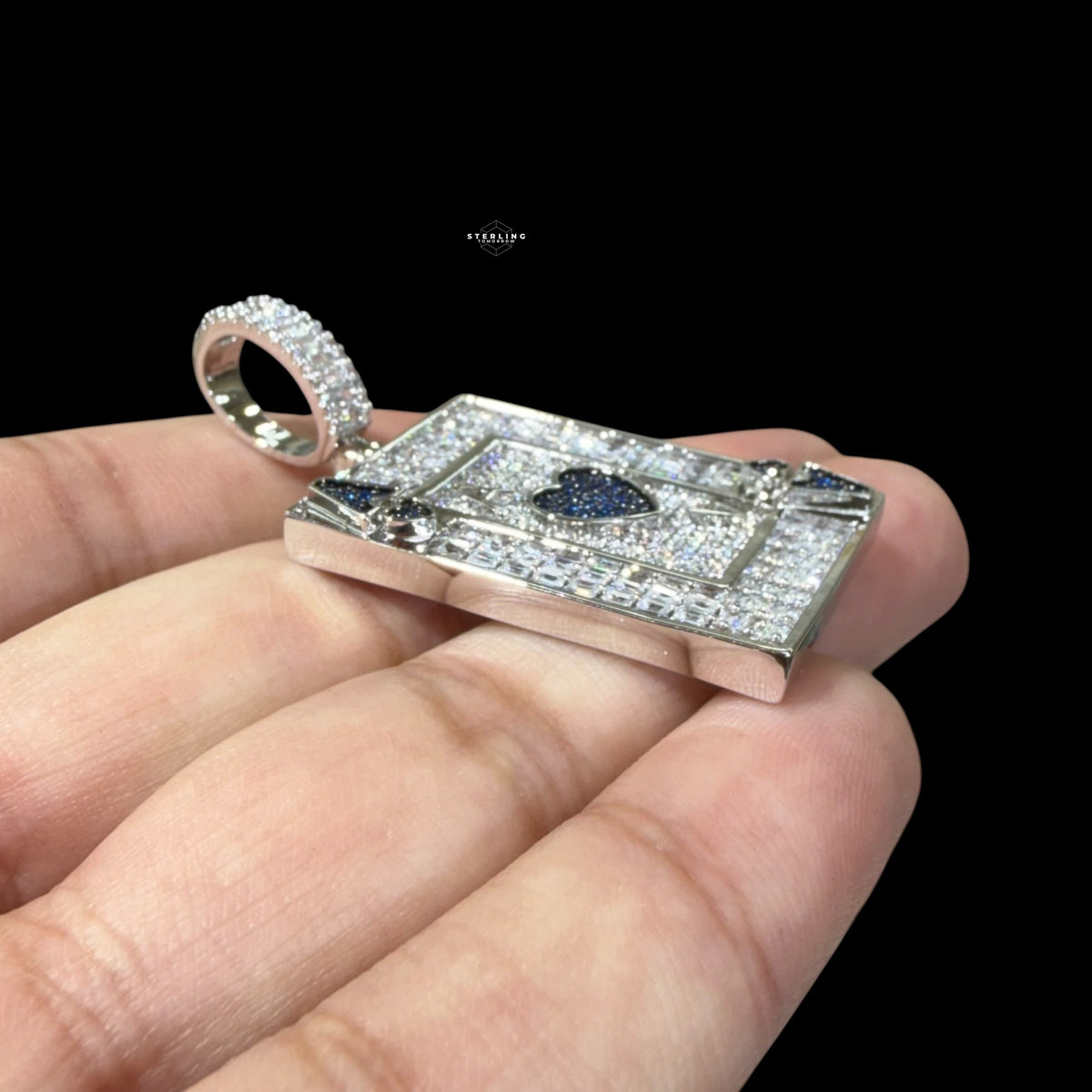 Ace of Hearts Card Pendant | 14K White Gold Plated Blue Heart CZ Playing Card Necklace, Iced Out Hip Hop Pendant with Free Rope Chain