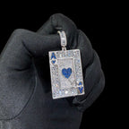 Ace of Hearts Card Pendant | 14K White Gold Plated Blue Heart CZ Playing Card Necklace, Iced Out Hip Hop Pendant with Free Rope Chain