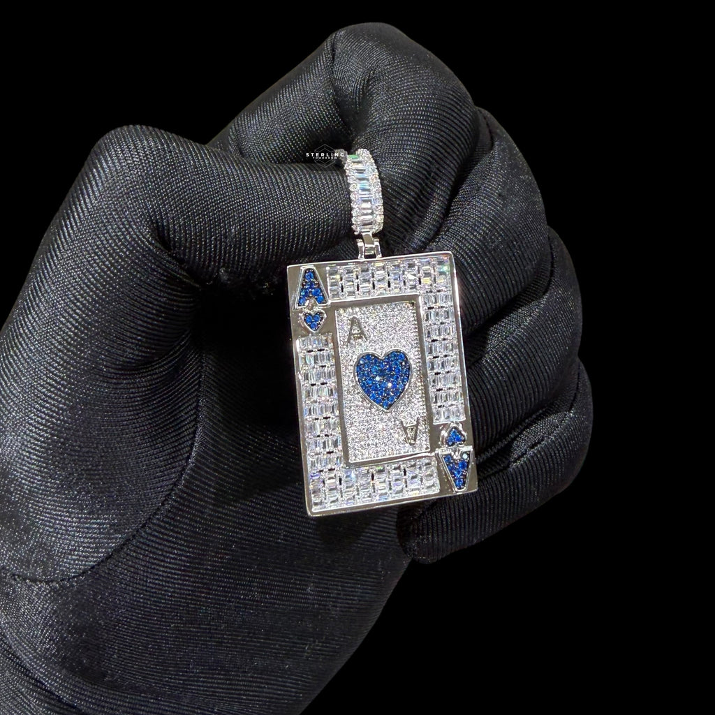 Ace of Hearts Card Pendant | 14K White Gold Plated Blue Heart CZ Playing Card Necklace, Iced Out Hip Hop Pendant with Free Rope Chain