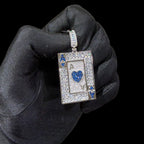 Ace of Hearts Card Pendant | 14K White Gold Plated Blue Heart CZ Playing Card Necklace, Iced Out Hip Hop Pendant with Free Rope Chain