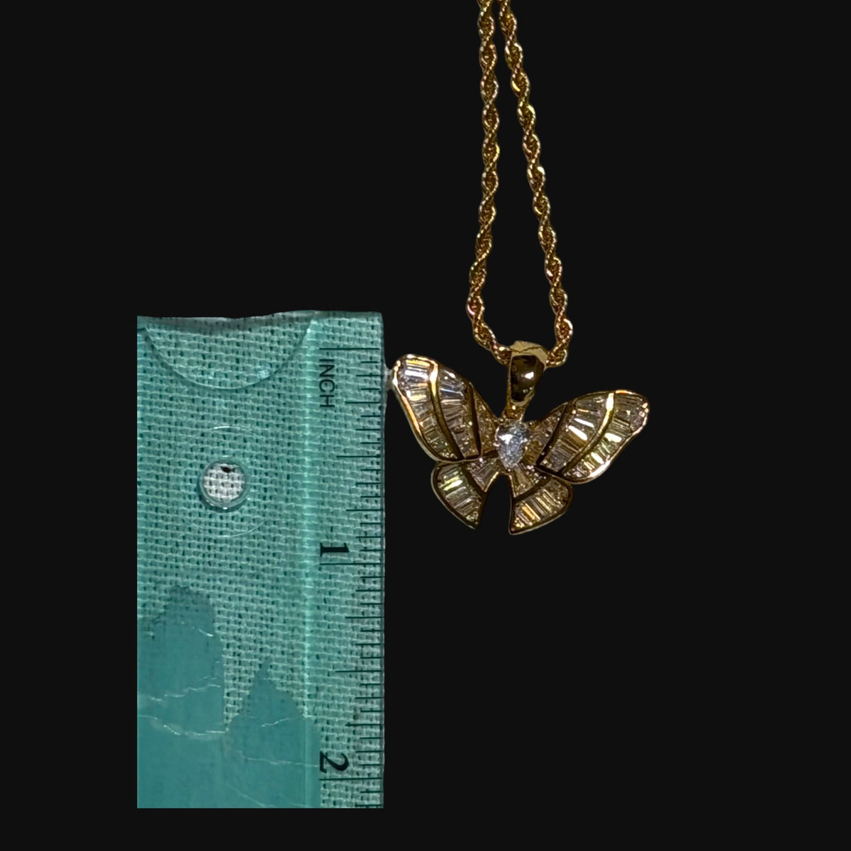 Iced Out Baguette Butterfly Pendant Necklace Gold Silver or Rose Gold, CZ Diamond Butterfly Charm, 14K Plated Hip Hop Jewelry